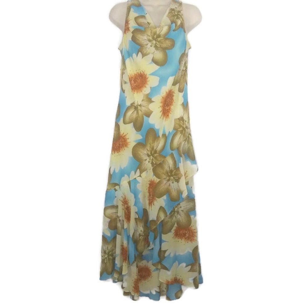 Vintage 90's Dress U by Sharon Tropical Floral Ruffle Tiered Maxi Dress